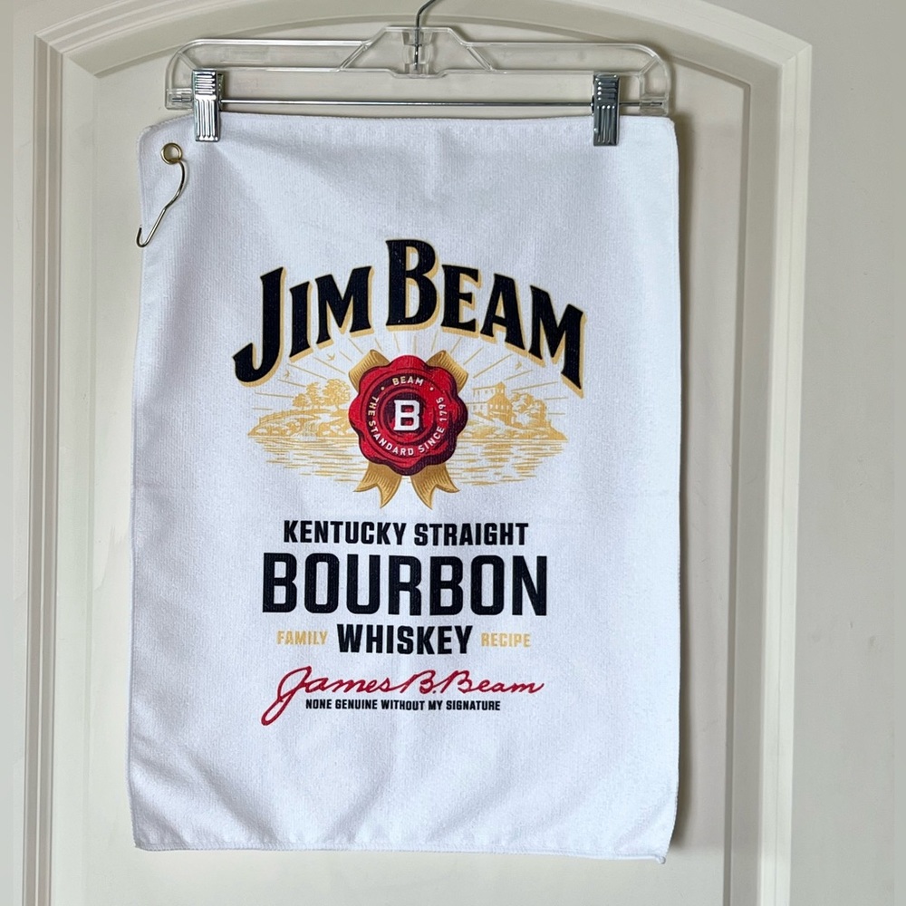 NEW Jim Beam White Golf Towel Bourbon Whiskey Brass Bag Hook